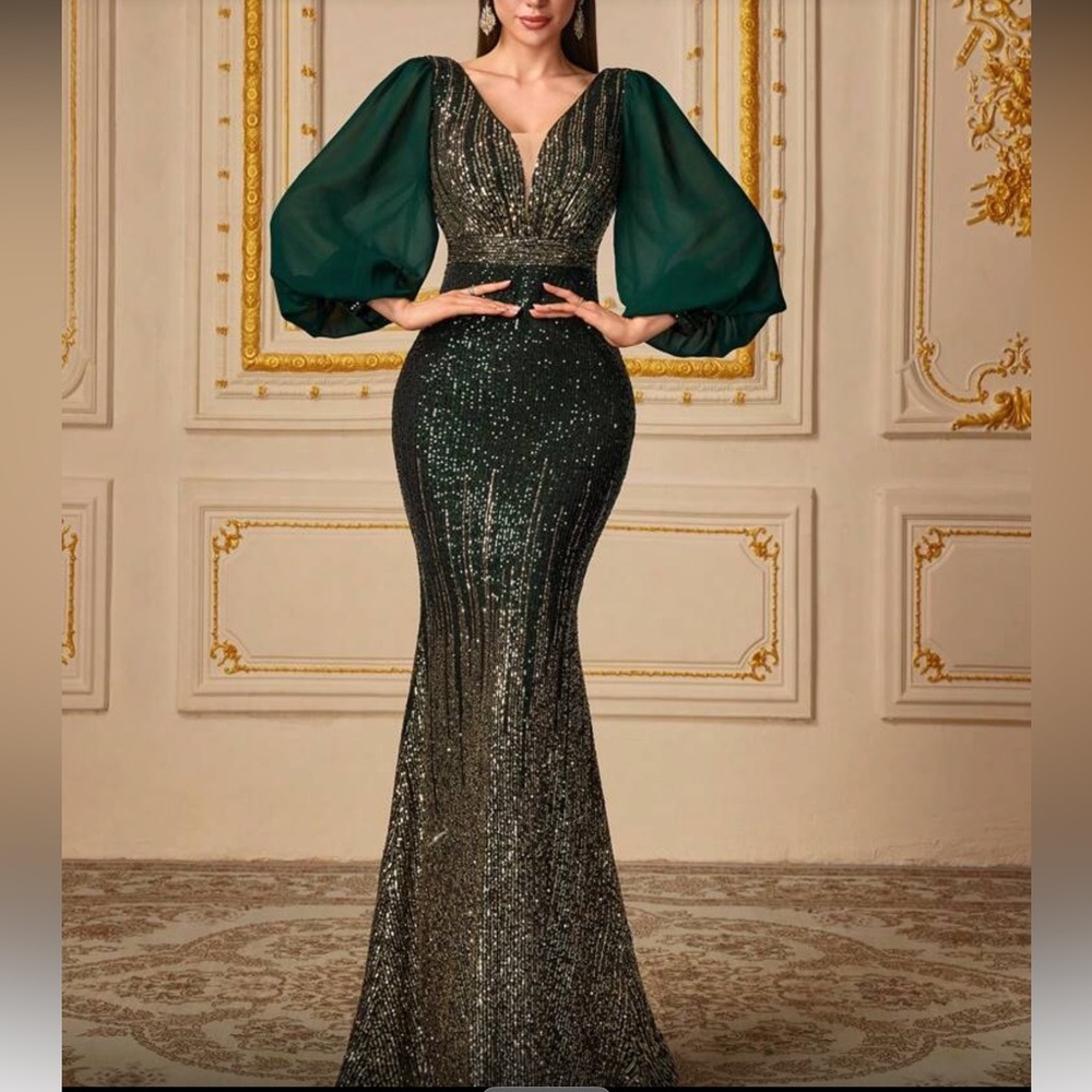 Luxe green lantern sleeve sequins party formal evening prom maxi dress
